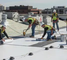 Roofers installing flat roof membrane – Dallas Roofings