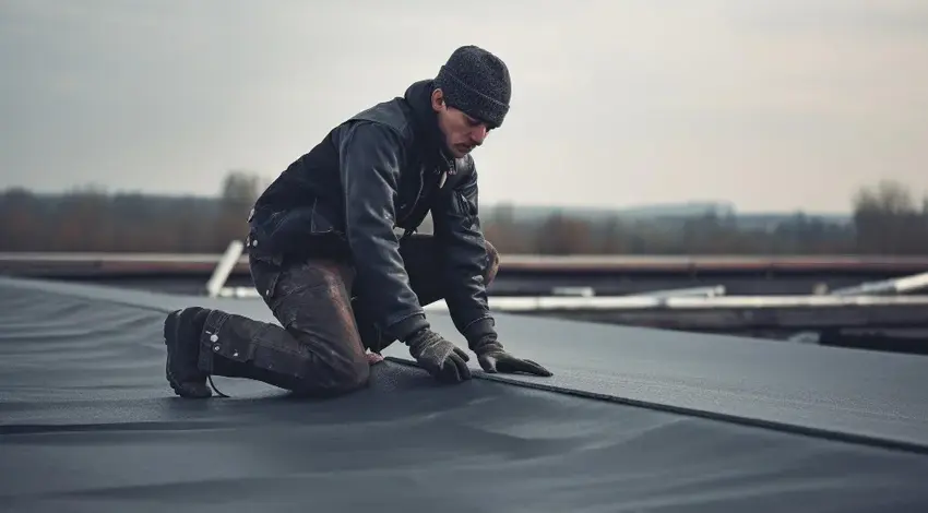 Roofer installing flat roof waterproof membrane – Dallas Roofings