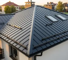 Finished black metal roof with skylights – Dallas Roofings