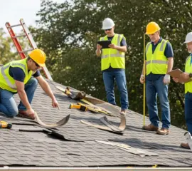 Roofing team inspecting damaged shingles – Dallas Roofings