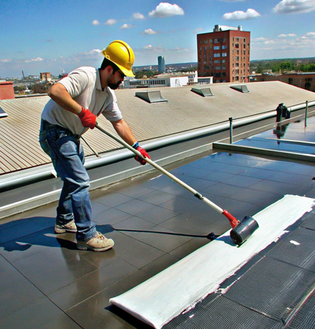 Worker applying coating on flat roof – Dallas Roofings