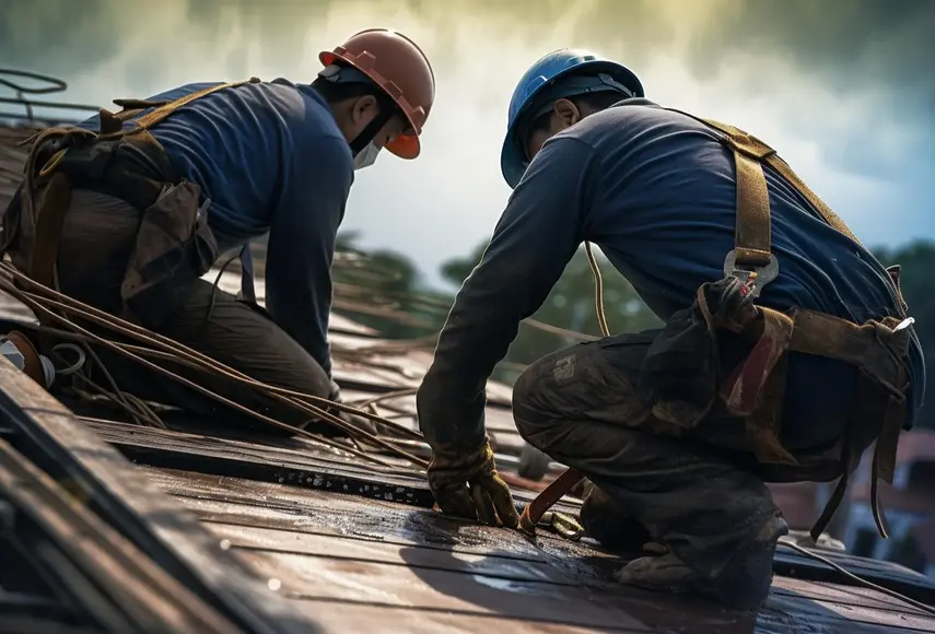 Roofers repairing roof with safety gear – Dallas Roofings